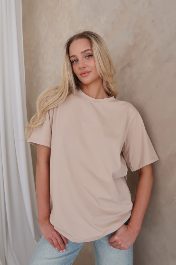 Damski T-shirt z haftem – beżowy 3